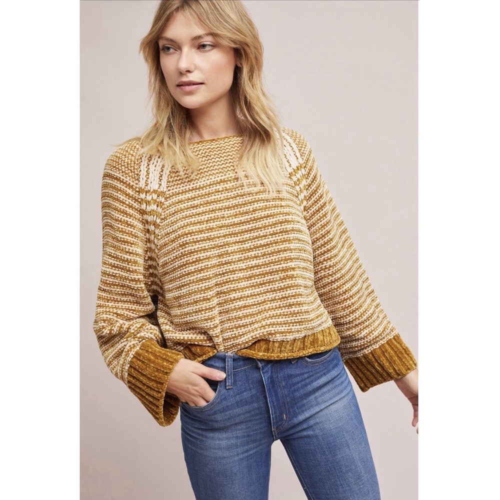 Moth Anthropologie Cropped Sweater Women XS Gold Mustard Chenille Knit Slouchy
